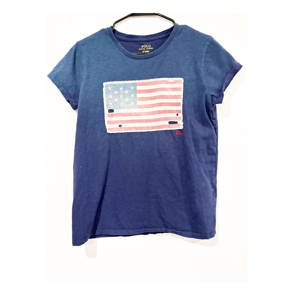 Polo Ralph Lauren Womens American Flag Graphic T-Shirt Navy Blue Distressed